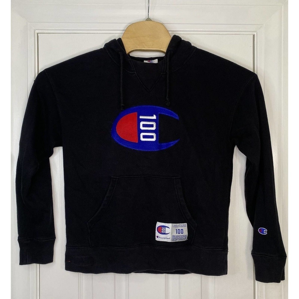 Champion Mens 100 Century Felt Logo Pullover‎ Hoodie Size Medium Black